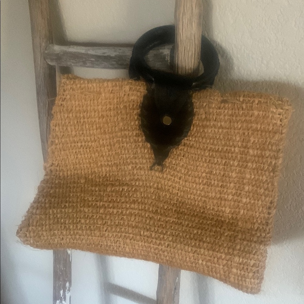 Woven Tan Handbag with Black Handle